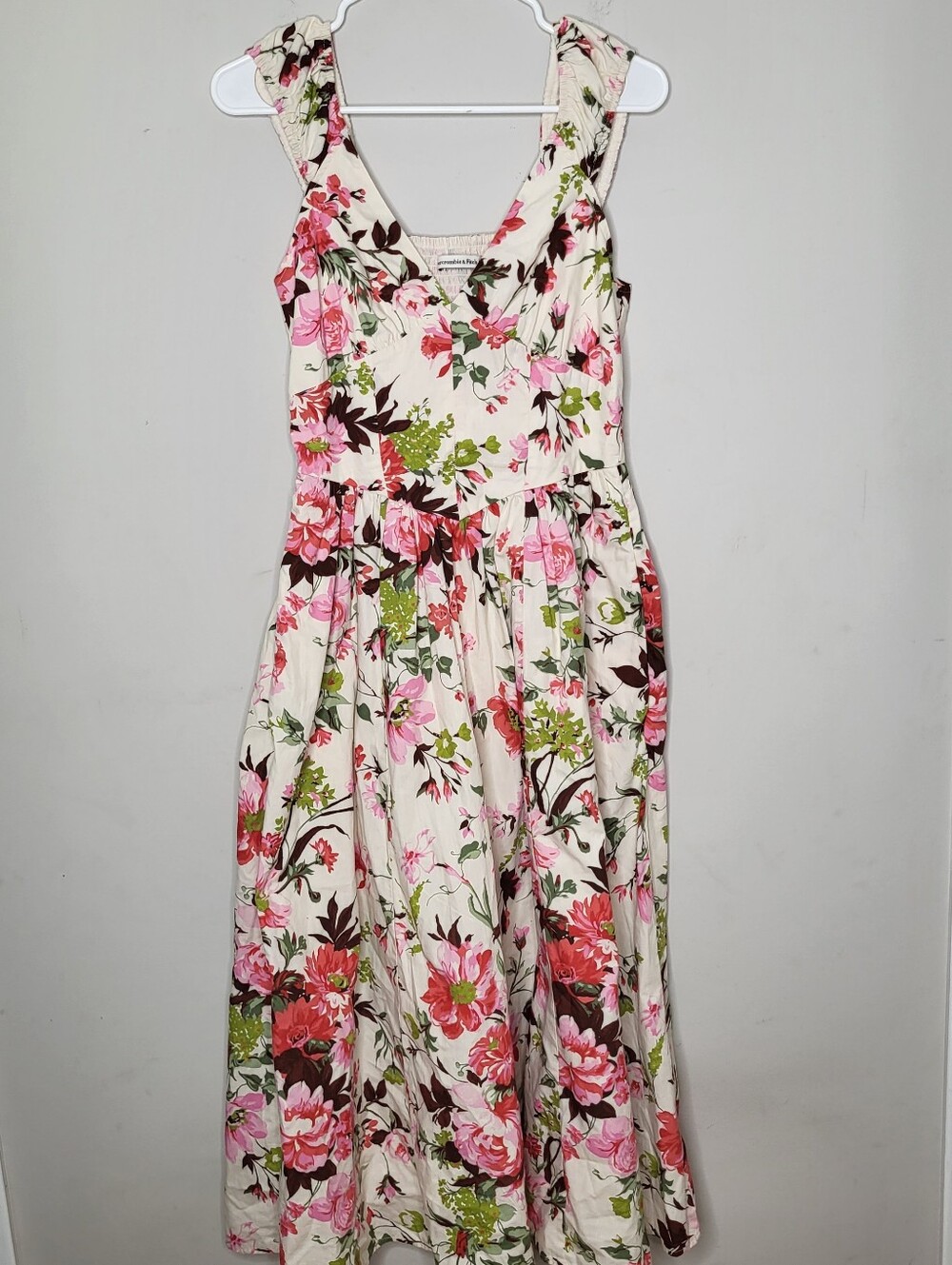 Abercrombie & Fitch Cream Midi Dress with Pink Floral Print Size Small Tall